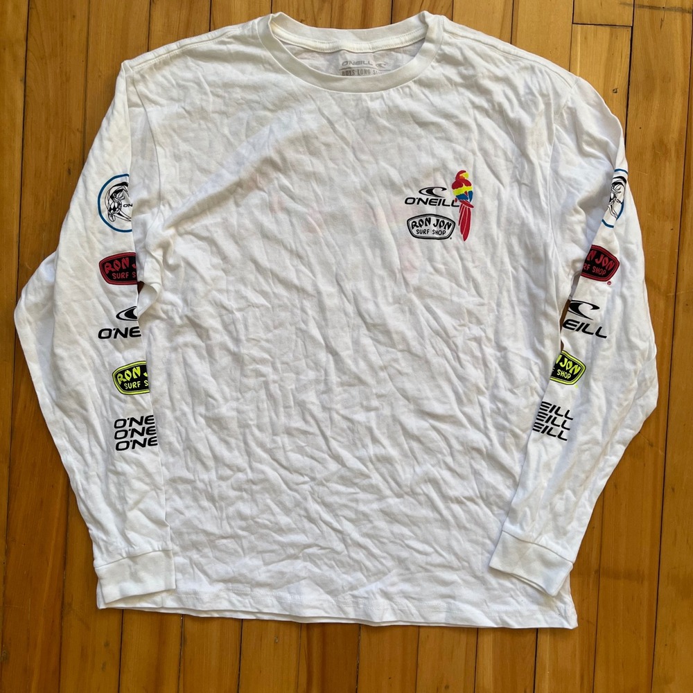 O'Neill Ron Jon Surf Shop White Long Sleeve T Shirt Boys XL Graphic Parrot